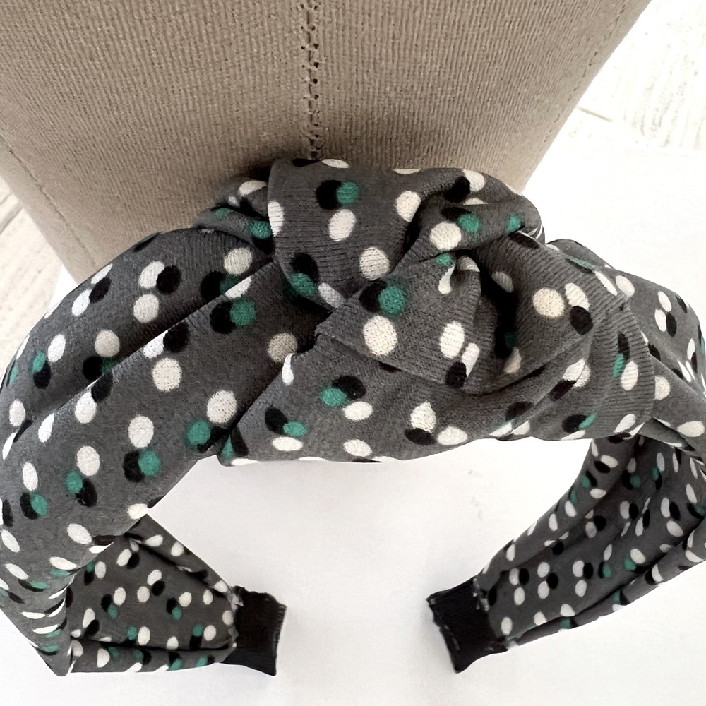 Grey and white polka dot fabric knotted turban headband
